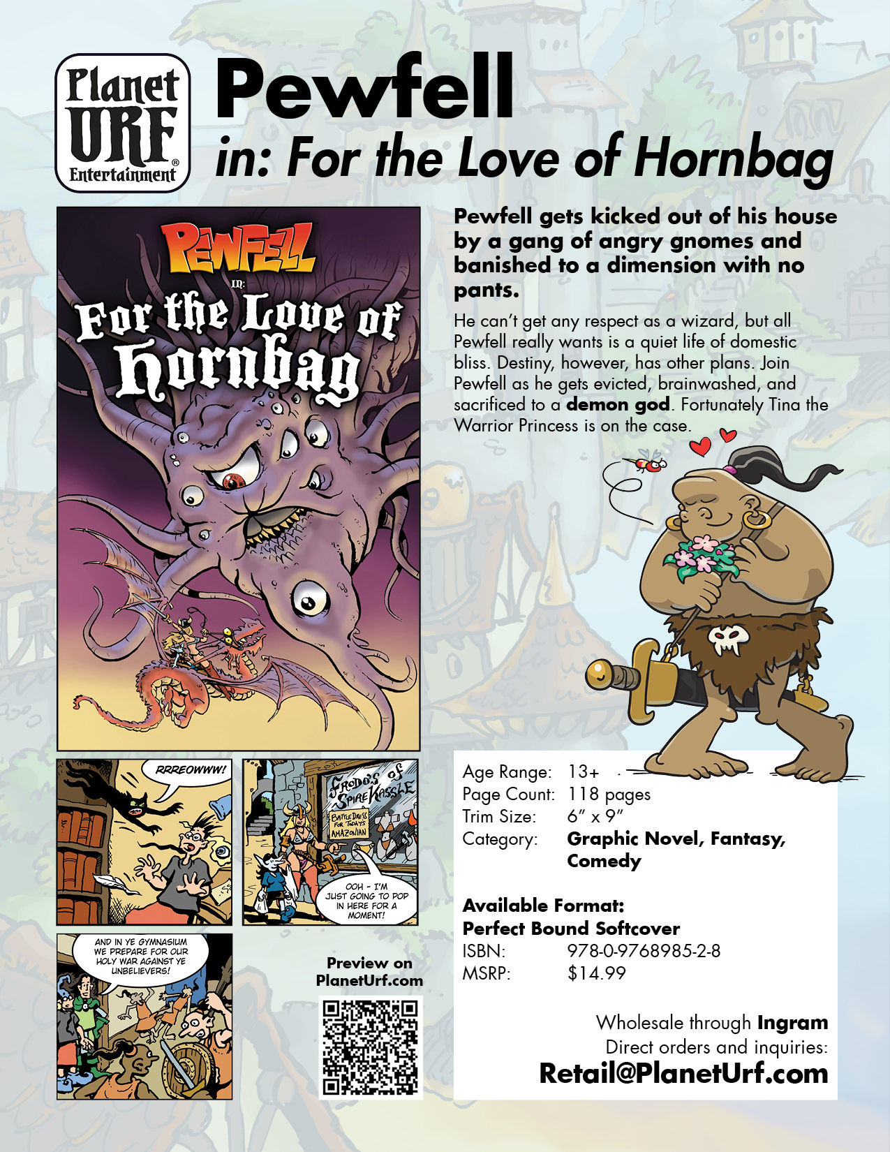 Pewfell in For the Love of Hornbag – a fantasy comedy comic full of cults, chaos, and wizard misadventures in a satirical comic book world.