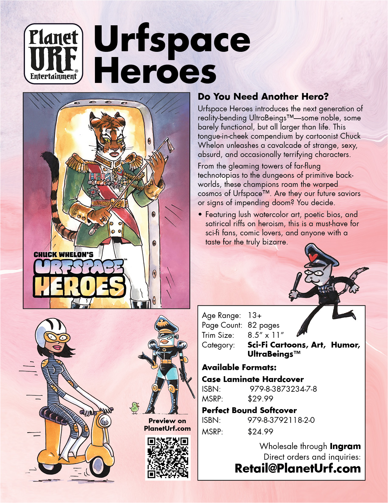 Discover Urfspace Heroes, an illustrated sci-fi art book by Chuck Whelon. 80 pages of mutant warriors, futuristic superheroes, and strange poems.