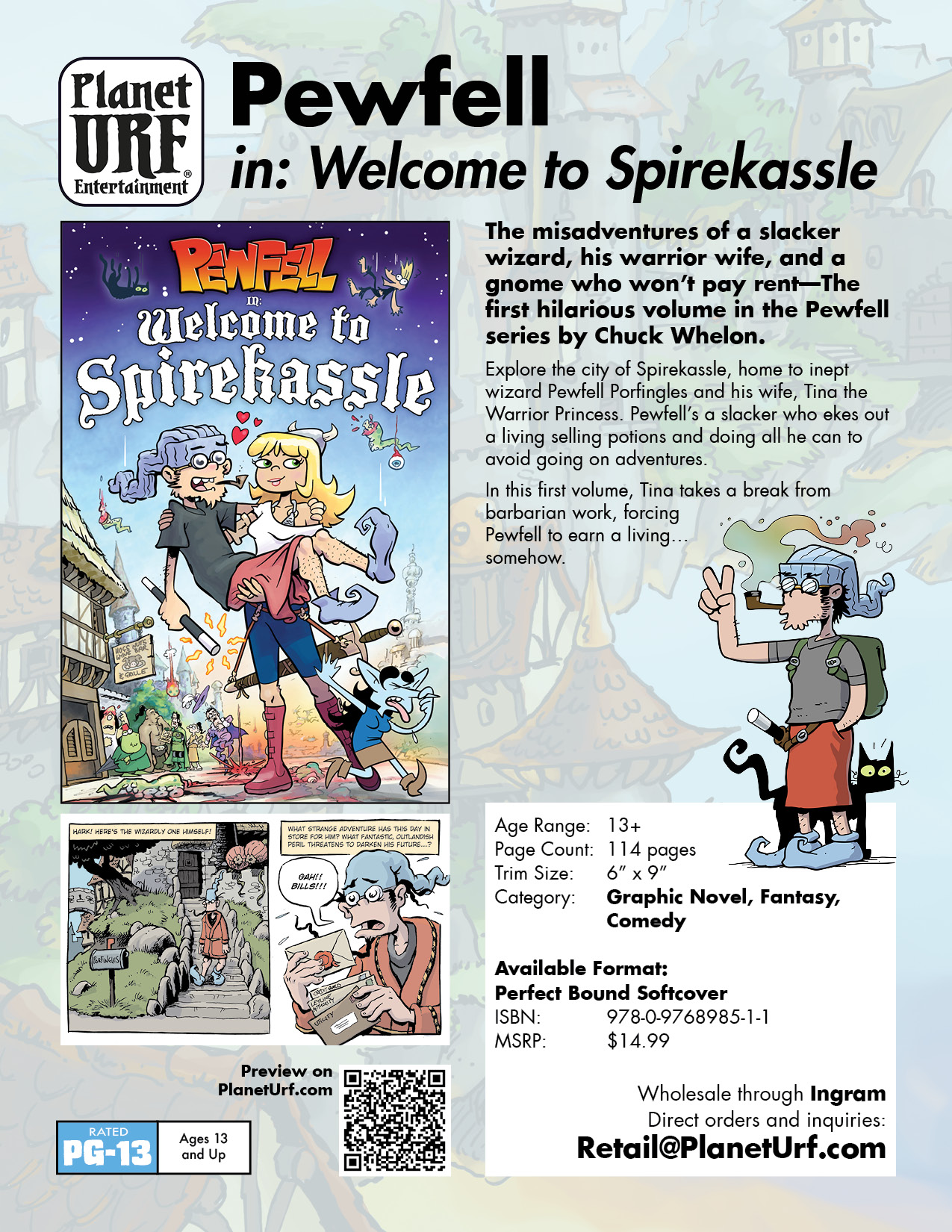 Pewfell in Welcome to Spirekassle - Meet Pewfell, the worst wizard on Planet Urf! A satirical fantasy graphic novel full of magic, mischief, and comedy in the fabulous city of Spirekassle.